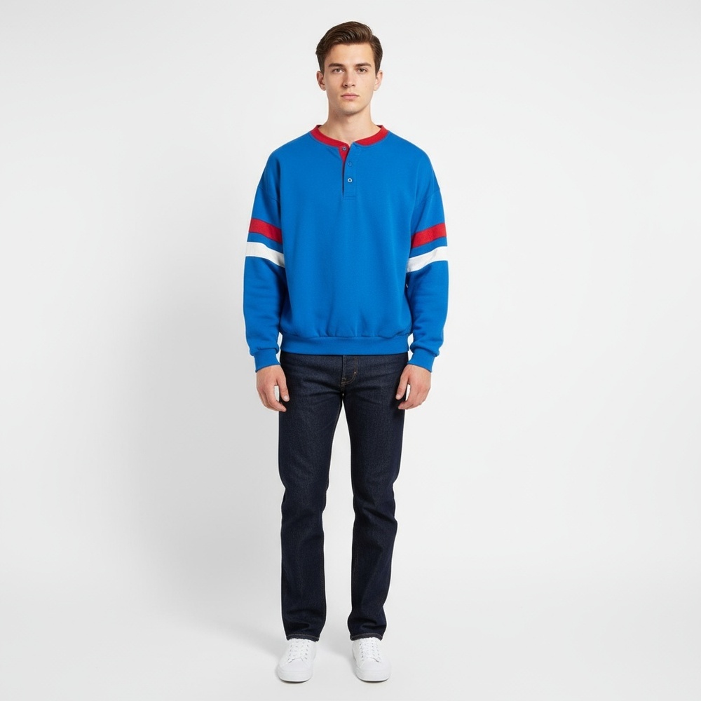 Expressions Mens Blue Striped Crewneck Ribbed Vintage Sweatshirt Size Large